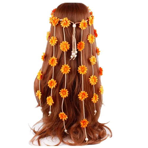 Vista 10 de WLBON Diadema de girasol de Halloween, hippie bohemio, margarita, diadema, corona, corona floral, diadema para mujer, boda, vacaciones, festival