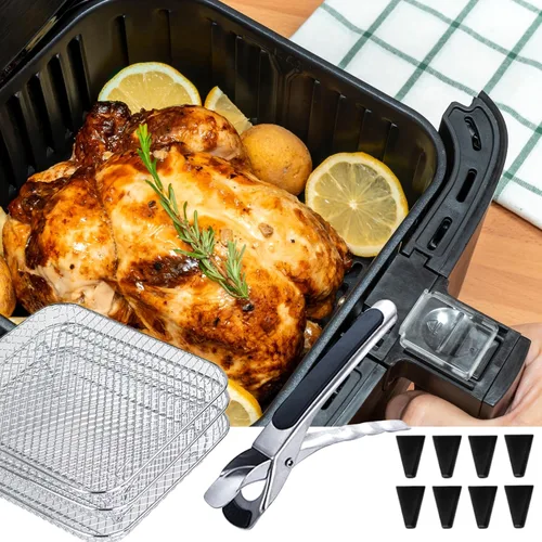 Vista 3 de Estante para freidora de aire, 3 capas de acero inoxidable, estante apilable para freidora de aire con 8 pies de silicona para horno, olla