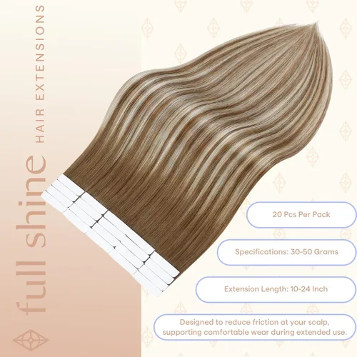 Vista 22 de Full Shine - Extensiones de cabello humano con cinta, mezcla de rubio hongo # 8 castaño ceniza resaltado 60 rubio ceniza