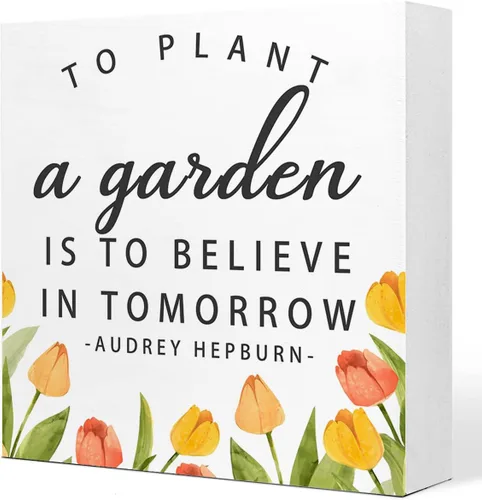 Vista 18 de Decoración de escritorio de primavera, letrero de madera con texto en inglés "Bloom Where You Are Planted", decoración de escritorio de flores