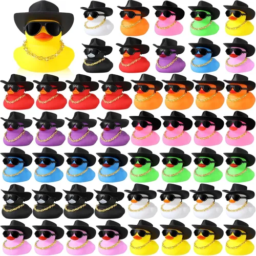 Vista 7 de Sotiff Juego de 48 juegos de patos chirriantes de goma para fiesta de automóvil, decoración de tablero con minicelle, sombrero y gafas de sol