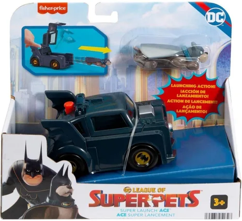 Vista 2 de Fisher-Price DC League of Super-Pets - Juguete preescolar Super Launch Ace Figura y Batmobile Car Set para juegos de simulación para niños a partir