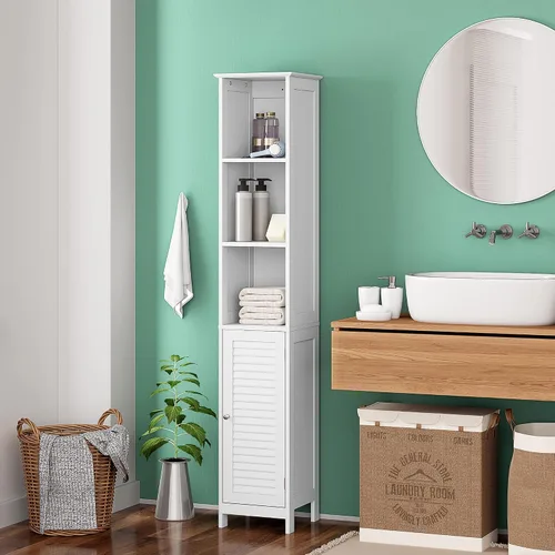 Vista 2 de HOMEFORT Armario de almacenamiento para baño, armario alto y estrecho con cubículo, gabinete de esquina delgada, torre de lino de madera, con puerta