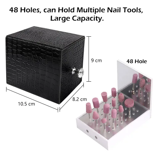 Vista 5 de Soporte para brocas de uñas, caja de luz UV azul para cabezales de molienda, soporte a prueba de polvo, acrílico, 48 agujeros, organizadores de Negro