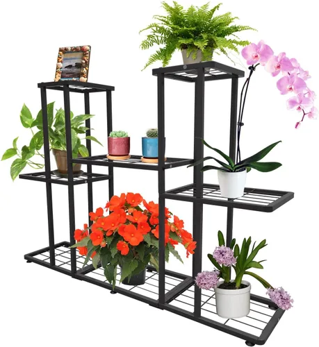 Vista 2 de MTB Garden Soporte grande de metal para plantas de 3 niveles y 8 macetas para interiores y exteriores, estante para macetas, color gris carbón