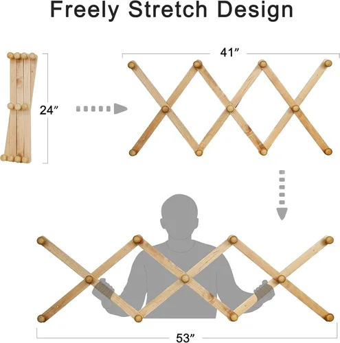 Vista 6 de SKOLOO Perchero Grande para Sombreros de Pared, Colgador de Pared de Acordeón de Madera, Moderno, Ganchos Expandibles para Abrigos, Perchero