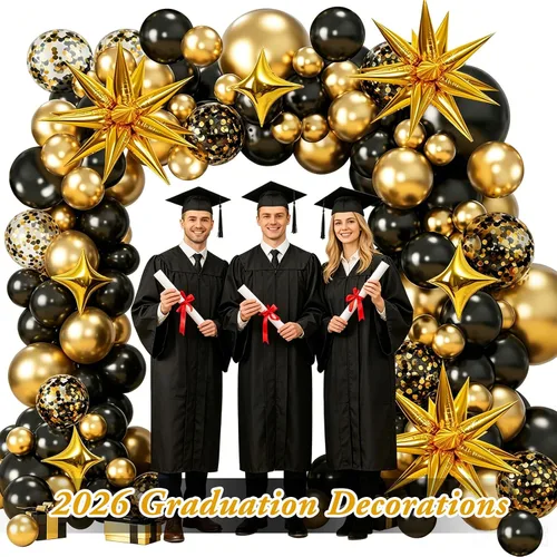 Vista 7 de AivaToba Kit de arco de globos negros y dorados, 126 piezas de decoraciones de fiesta negras y doradas para graduación 2026, aniversario, boda