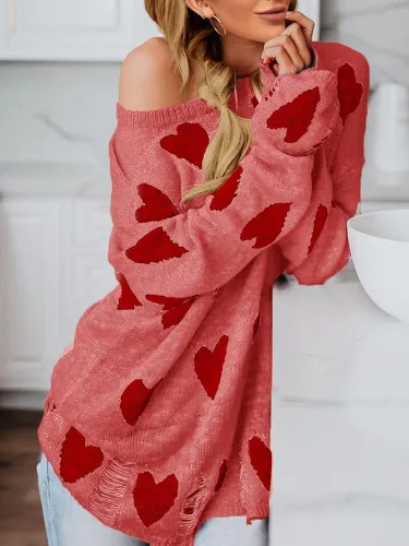 Vista 2 de Tutorutor Lindos suéteres para mujer con estampado de corazón de amor holgado con hombro descubierto top de punto de San Valentín