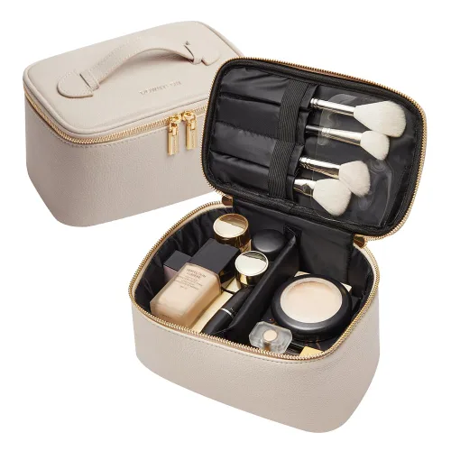Vista 2 de ROWNYEON - Bolsa de cosméticos, bolsa de maquillaje, estuche portátil para maquillaje, neceser de viaje, organizador para mujeres, color beige