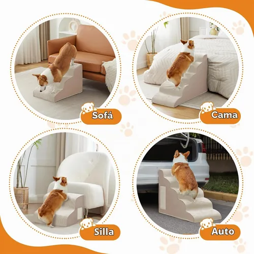 Vista 6 de Escaleras de perro para cama, escaleras para perros pequeños, rampa para perros de 2 peldaños para cama, sofá, sillón y sillas, diseño Beige