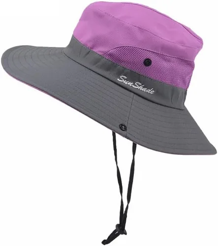Vista 5 de Sombrero de pesca de playa de ala ancha para mujer, con protección UV, plegable, con agujero para cola de caballo