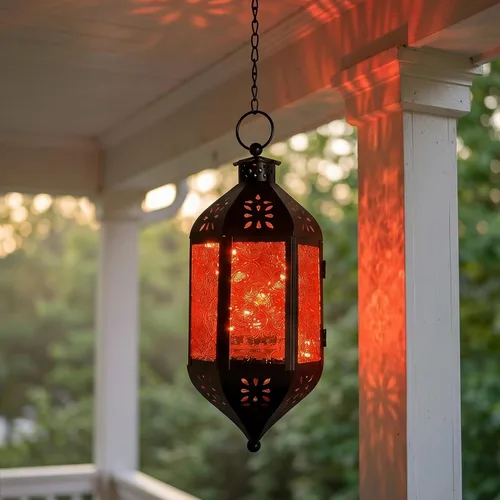 Vista 5 de Vela Lanterns Farol marroquí colgante con luces LED parpadeantes, decoración exótica decorativa de patio y porche, portavelas para interiores y Ámbar
