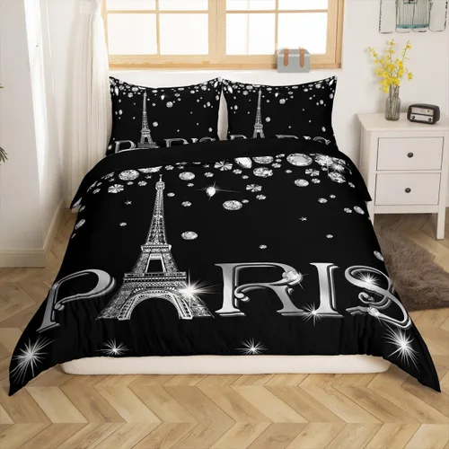 Vista 11 de Erosebridal Funda de edredón de la Torre Eiffel para niñas, juego de ropa de cama romántica de París azul, negro y blanco, funda de edredón
