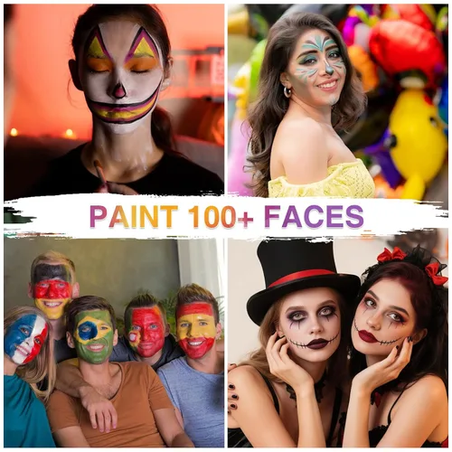 Vista 6 de VESPRO Kit de pintura facial para fiesta de adultos, 32 colores de aceite profesional para cara y cuerpo con 10 pinceles, 4 plantillas faciales