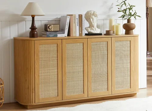 Vista 14 de LKTART Aparador de 64 pulgadas con almacenamiento, armario de almacenamiento de madera acanalada, aparador Credenza con estantes ajustables, resorte