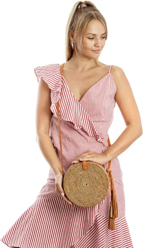 Vista 4 de Bolsas de ratán para mujer, hechas a mano, tejido de mimbre, bolso de mano con forma de círculo, estilo bohemio