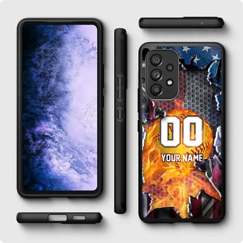 Vista 2 de Personalized Baseball Softball vs Name Number US Flag Decor Rubber Cover Phone Case for Galaxy America Fire