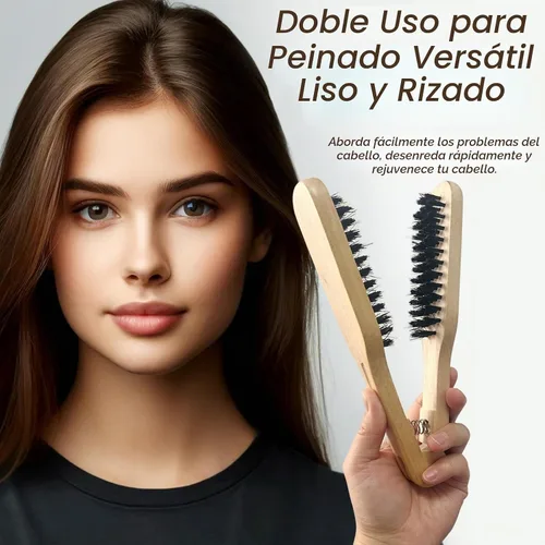 Vista 3 de Peine profesional para alisar el cabello, herramienta antiestática de peluquería de salón de madera de doble cepillo, marrón