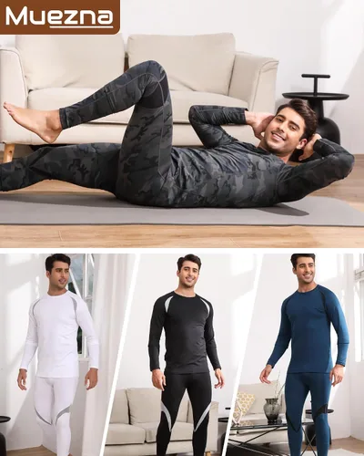 Vista 6 de Muezna Conjunto térmico para hombre con parte superior e inferior, capa base larga con forro polar suave