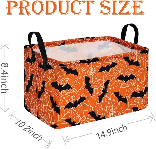 Vista 2 de Cesta de almacenamiento de Halloween, diseño de tela plegable con diseño de araña, murciélago y calabaza, con asas de cuero, organizador de estante