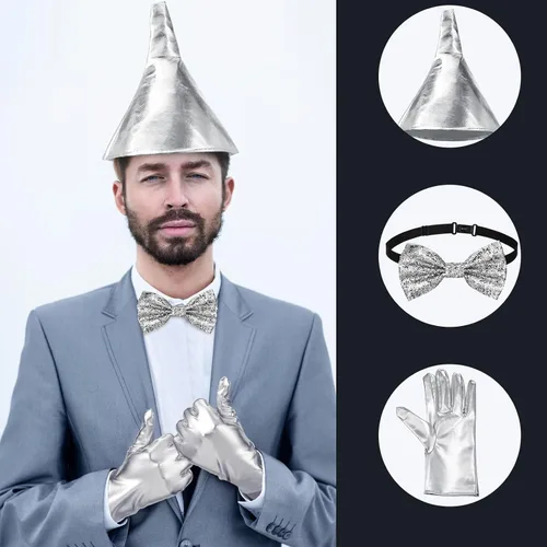 Vista 3 de Juego de 4 piezas de disfraz de Halloween para cosplay, sombrero de embudo ajustable con purpurina para hombre, pajarita brillante y plateado