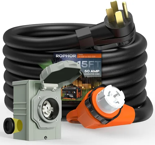 Vista 8 de Rophor Cable generador de 50 amperios y caja de entrada de alimentación preperforada, cable de extensión NEMA 14-50P a SS2-50R resistente de 25 pies