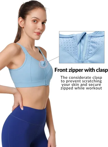 Vista 4 de Yvette Sujetadores deportivos ajustables para mujer, de alto impacto, con cremallera frontal, brasier deportivo sin varillas, talla grande