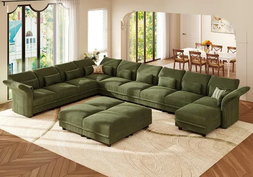 Vista 9 de LLappuil Sofá modular grande en forma de U con almacenamiento, sofás modulares modulares de pana verde para sala de estar con apoyabrazos
