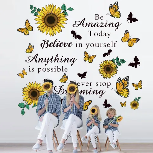 Vista 3 de Calcomanías de pared con cita inspiradora de girasol, refranes positivos extraíbles para aula, hogar, dormitorio, oficina, decoración artística