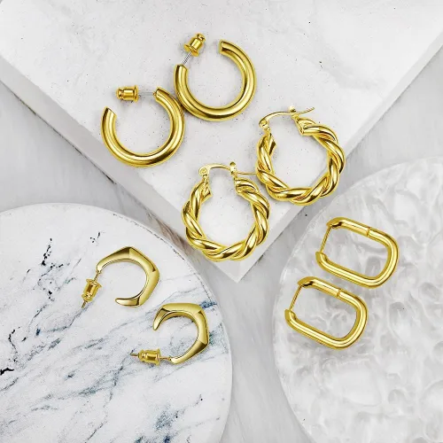 Vista 2 de 8-10 Pairs Delicate Gold Silver Hoop Earrings Set for Women, 14K Gold Plated Lightweight Hypoallergenic Thick Open Twisted Huggie Earrings for girls