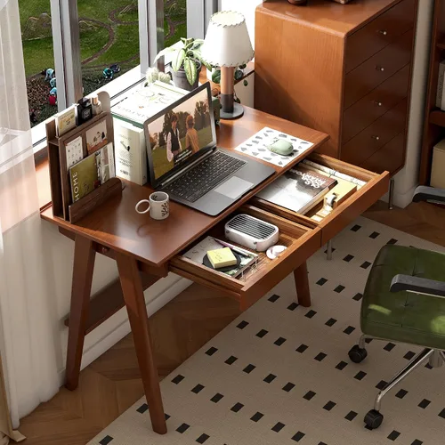 Vista 20 de Escritorio de madera maciza con acabado de nogal, escritorio pequeño para oficina en casa, escritorio de computadora para espacios pequeños