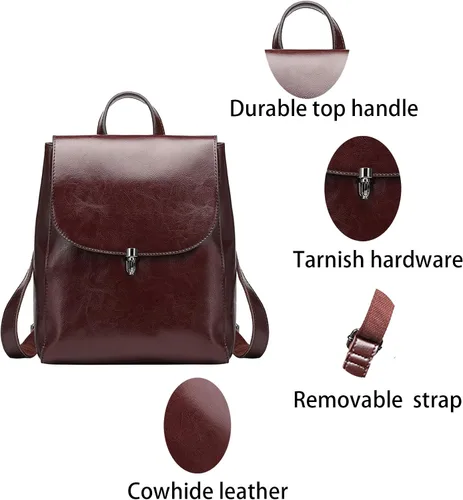 Vista 5 de Heshe Mochila de cuero para mujer estilo casual con solapa mochila para mujer Mochilas Daypack