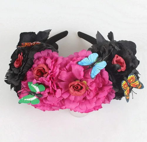 Vista 39 de DreamLily Frida Kahlo NC26 - Diadema con corona de rosas mexicanas para disfraz de fiesta de Halloween
