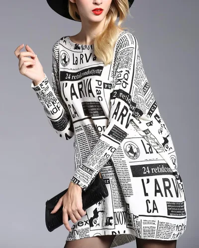 Vista 5 de ellazhu Sudadera de manga larga con estampado de periódico para mujer, cuello redondo, DH40