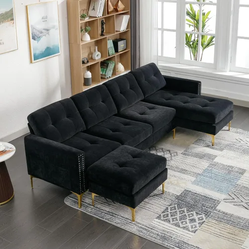 Vista 3 de Sofá modular de terciopelo de 111 pulgadas para sala de estar, moderno y contemporáneo en forma de L de 4 asientos copetudo, sofá con diván y 111in