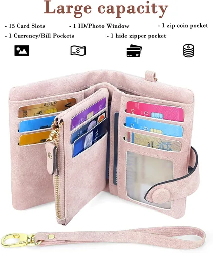 Vista 8 de CONISY Billeteras pequeñas de pulsera para mujer, billetera de cuero plegable RFID con ventana de identificación y cremallera Small, Bifold, RFID