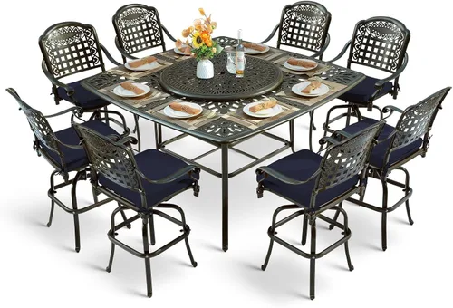 Vista 10 de Juego de barra para exteriores de 10 piezas, muebles de bar de aluminio fundido para todo tipo de clima con 8 taburetes de bar giratorios Bronce