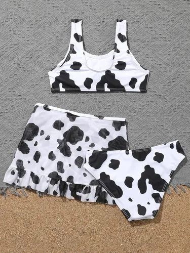 Vista 2 de SHENHE Traje de baño de 3 piezas con estampado de vaca y falda de playa para niña