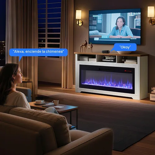 Vista 2 de Soporte de TV con chimenea de 60 pulgadas con chimenea eléctrica inteligente 50, aplicación y control de voz, centro de entretenimiento de mármol
