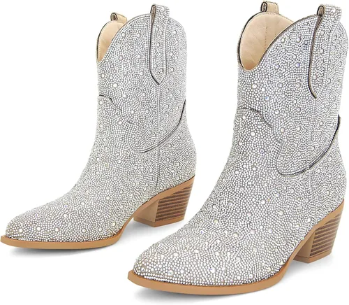 Vista 4 de STALOV Botas vaqueras cosidas para mujer, punta puntiaguda, tacón bajo y grueso, botas vaqueras occidentales bordadas