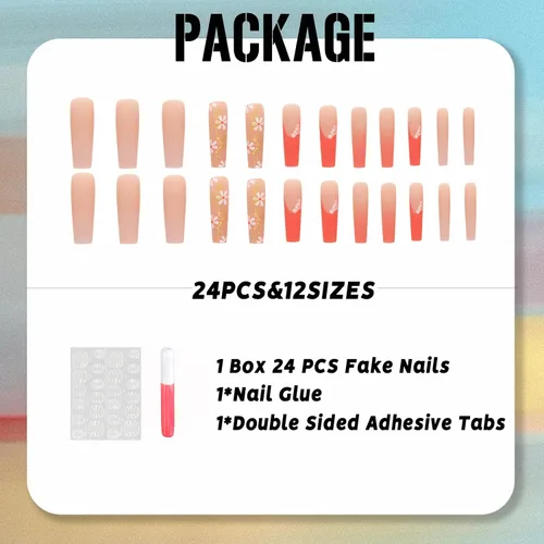 Vista 5 de IMSOHOT Uñas postizas, acrílicas de color naranja mate, puntas francesas cuadradas, 24 unidades, uñas extra largas con pegamento con bonitos diseños