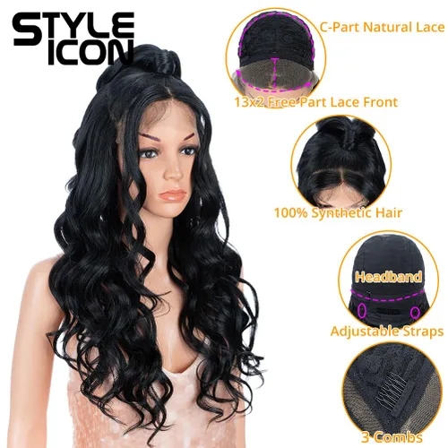 Vista 3 de Style Icon - Peluca de encaje frontal negra con parte libre, estilo U, de 24" de largo, ondulada con flequillo, sintética, resistente a altas 1