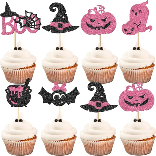 Vista 26 de Rsstarxi Paquete de 24 adornos para cupcakes Little Boo con purpurina, bruja, gato, calabaza, castillo, fantasma, magdalenas, alimentos, decoración