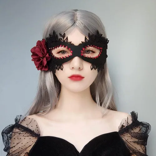 Vista 4 de Máscara de Halloween para mujer, máscara de media cara de conejito de ciervo, araña, con velo, máscara de gasa para Halloween