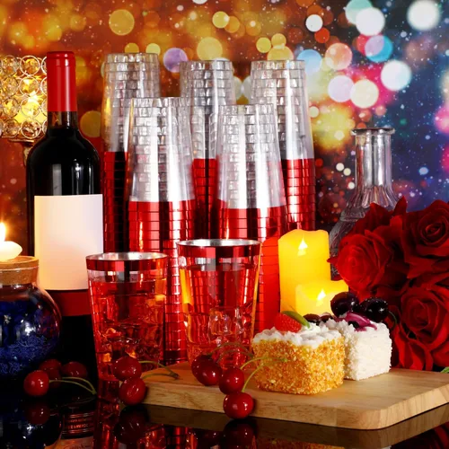 Vista 7 de Patelai 100 piezas de vasos de plástico rojos de 12 oz, vasos de plástico con borde rojo resistentes, vasos desechables para vino, vasos