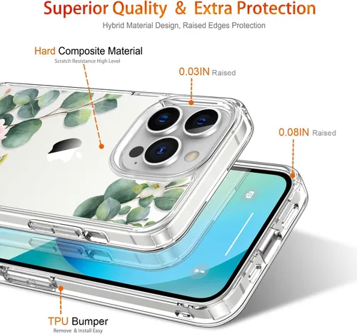 Vista 3 de Funda para iPhone 13 Pro con protector de pantalla, 6.1 pulgadas, transparente, de cuerpo completo, a prueba de golpes, diseño floral, para niñas