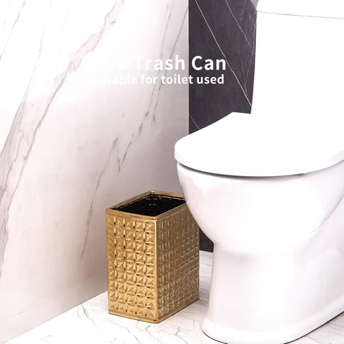 Vista 5 de Basurero para baño, pequeño bote de basura de oficina para cocina, cubo de basura rectangular delgado, cerámica, dorado