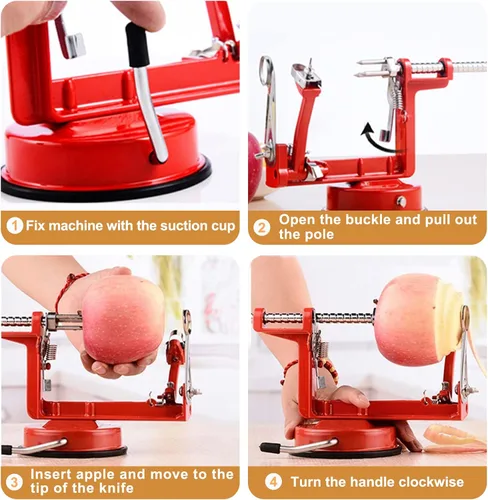 Vista 5 de Pelador Rebanador Descorazonador de Manzanas con Cuchillas de Acero Inoxidable y Potente Base de Succión para Manzanas, Peras, Papas (Rojo)