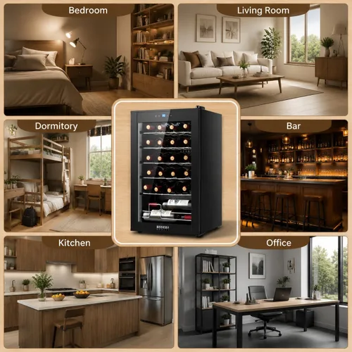 Vista 9 de BODEGA COOLER - Enfriador de vino de 24 botellas para el hogar y la cocina, mini refrigerador para dormitorio, refrigerador de vino con control