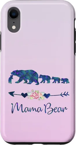 Vista 24 de Funda para iPhone 16, diseño floral de mamá oso de cuatro cachorros, color verde azulado y morado